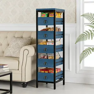 Wood Fruit and Vegetable Storage Rack - 5 Tier Narrow Snack Fruit Display Stand, Utility Shelf Organizer for Kitchen, Living Room, Bedroom, Blue/Brown