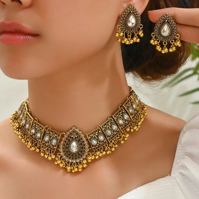 Vintage Ethnic Choker Necklace & Dangle Earring Jewelry Set, Inlaid Imitation‑Stone Alloy Ornaments for Women Party