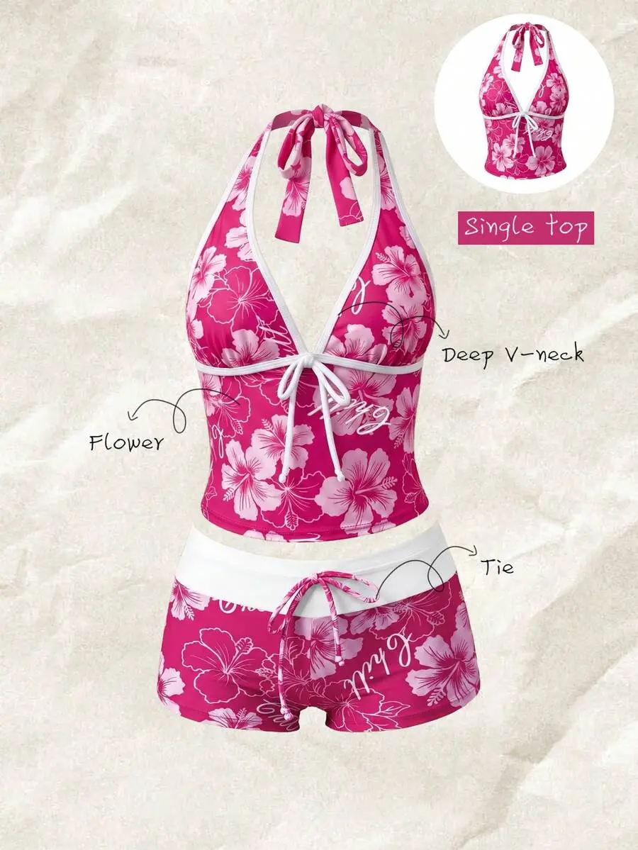 Women's Random Print Spaghetti Strap Bow Tie Camisole Bikini Top, Spring/Summer