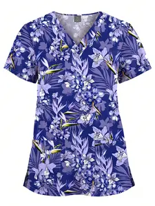Flower Printing Workwear Casual New Scrub Uniform Tops Hospital Doctor Veterinary Fitted T-Shirts Surgical Blouse Soft Nursing Tops Women Womenswear