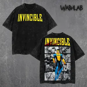 Retro 2000s Invincible Inspired Comic Graphic Tee Double Sided Print Dark Superhero Moment Oversized Acid-Washed Heavyweight Cotton T-Shirt – Unisex Anime Manga Tee, Perfect Gift for Anime Fans and Lovers Menswear Tops