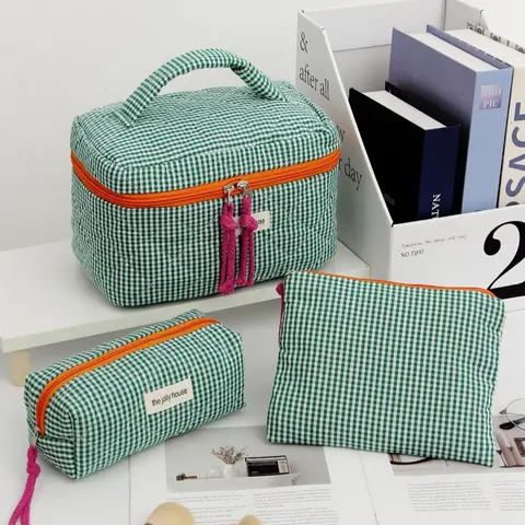Striped Plaid Quilted Makeup Bag, Cosmetic Travel Bags, Women's Daily Use, Toiletries Organizer, Portable Travel Essentials, All-Seasons Style