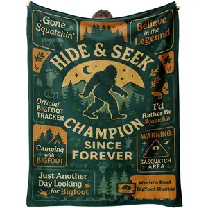 Funny Bigfoot Sasquatch Flannel Throw Blanket 60x50 Inches, Retro Forest Camping Poster Art,Soft Warm Lightweight,Couch Sofa Bed TV Nap Travel,Novelty Gift for Men Women Campers, Printed on One Side with a Plain White Back, Halloween Thanksgiving Christma