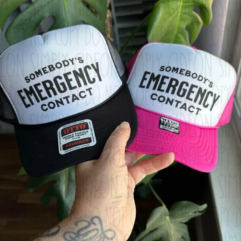 Funny "Emergency Contact" Adjustable Trucker Hat, Foam Graphic Snapback Cap for Night Outs and Parties, Funny Comedy Hat, Adds Humor