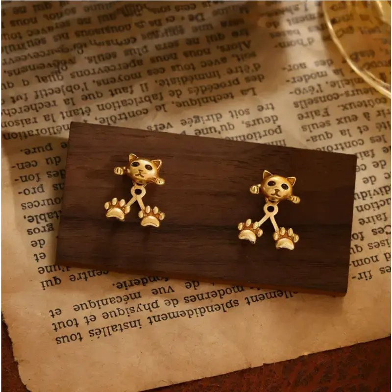 1Pcs & 2Pcs Vintage Cat & Paw Back Stud Earrings, Eco-Friendly Alloy Electroplated Ear Jewelry For Daily Wear & Friend Gifting