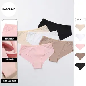 KatchMe & LUMENNEST Women's Minimalist Solid Color Floral Lace Low-Rise Cotton Briefs, Casual Stretchy Invisibles Seamless Panties, Soft Breathable Underwear