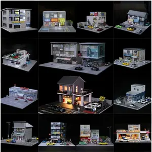 Diorama 1/64 Scale Car Garage Model LED Lighting City Street View Store Building Repairworkshop Car Parking Lot Scene Display Model Collection Gift Toy