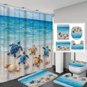 Sea Turtle Shell Print Shower Curtain Set, Includes 12 Hooks, Non-Slip Bath Mat, U-Shaped Floor Mat, Toilet Seat Cover, Bathroom Accessories