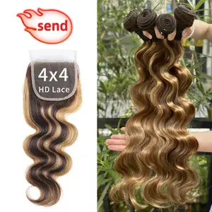 JOPEAR 【16A】 P4/27 Body Wave Highlight Bundles Human Hair 30 Inch 100% Unprocessed Colored Raw Human Hair Extensions Bundles Send 16 Inch 4x4 HD Lace Closure #Summer