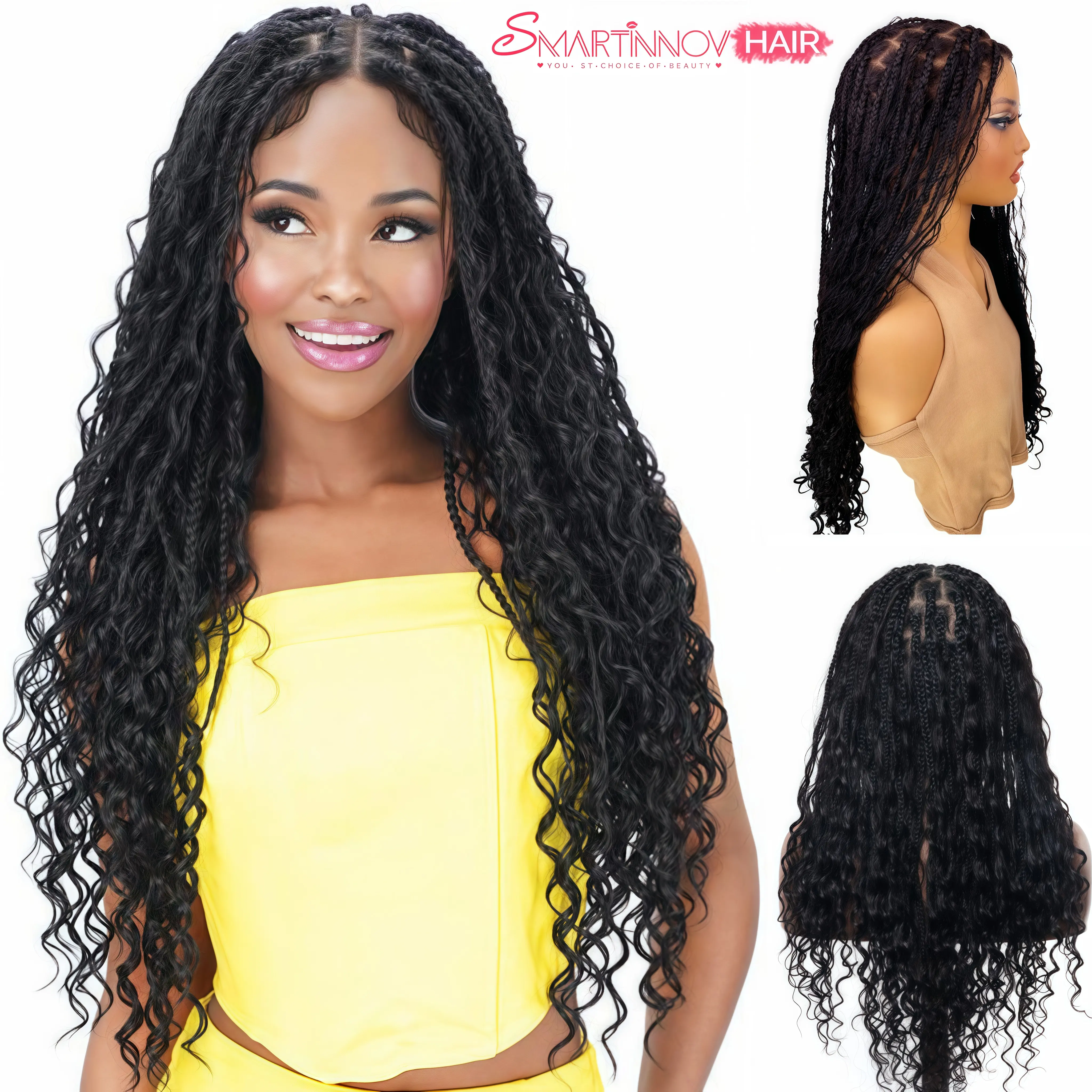 Boho Braid Wig Natural Black Curls 100% Human Hair Pre 