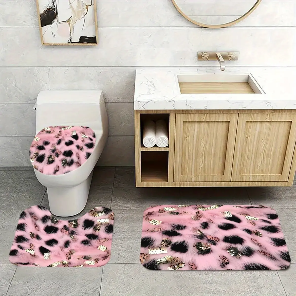 Set of Three Pink Fluffy Floor Mats Featuring Black Dots, Made from High-Quality Flannel with a Non-Slip Design, Including a U-Shaped Toilet Mat, a Toilet Seat Cover,bathroom,shower,Chenille,Rug,waffle,Loofah,rubber,backing,,Diatomium,Mud,Blush,Tufted,,3
