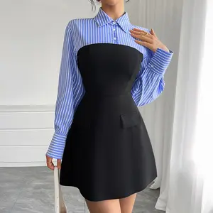 Women's designer Dress, Preppy Fake Two Piece Striped Black drop Waist Shirt event minidress outfit , Spring Summer european rave bodycondress, body con hoco dress