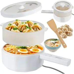 Multi Function Hot Pot Cooker 1.5L- Electric 3 in 1 Non Stick Machine Acts as Ricer Cooker, Dumpling Steamer or Stir Fry Maker- Mini Portable for Rapid Ramen Noodles- Includes Basket, Spatula