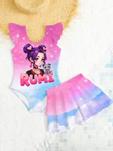 Kpop Girls Two-Piece Swimsuit, Cartoon Print Bikini, Summer Beach Vacation Swimwear, Cute Ruffle Swim Dress