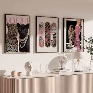 Trendy Pink Wall Art Set of 3, Retro 8 Ball Poster, Pink Cheetah Print, Trendy Pink Print Skateboard Digital Prints Preppy Dorm Room Decor 1