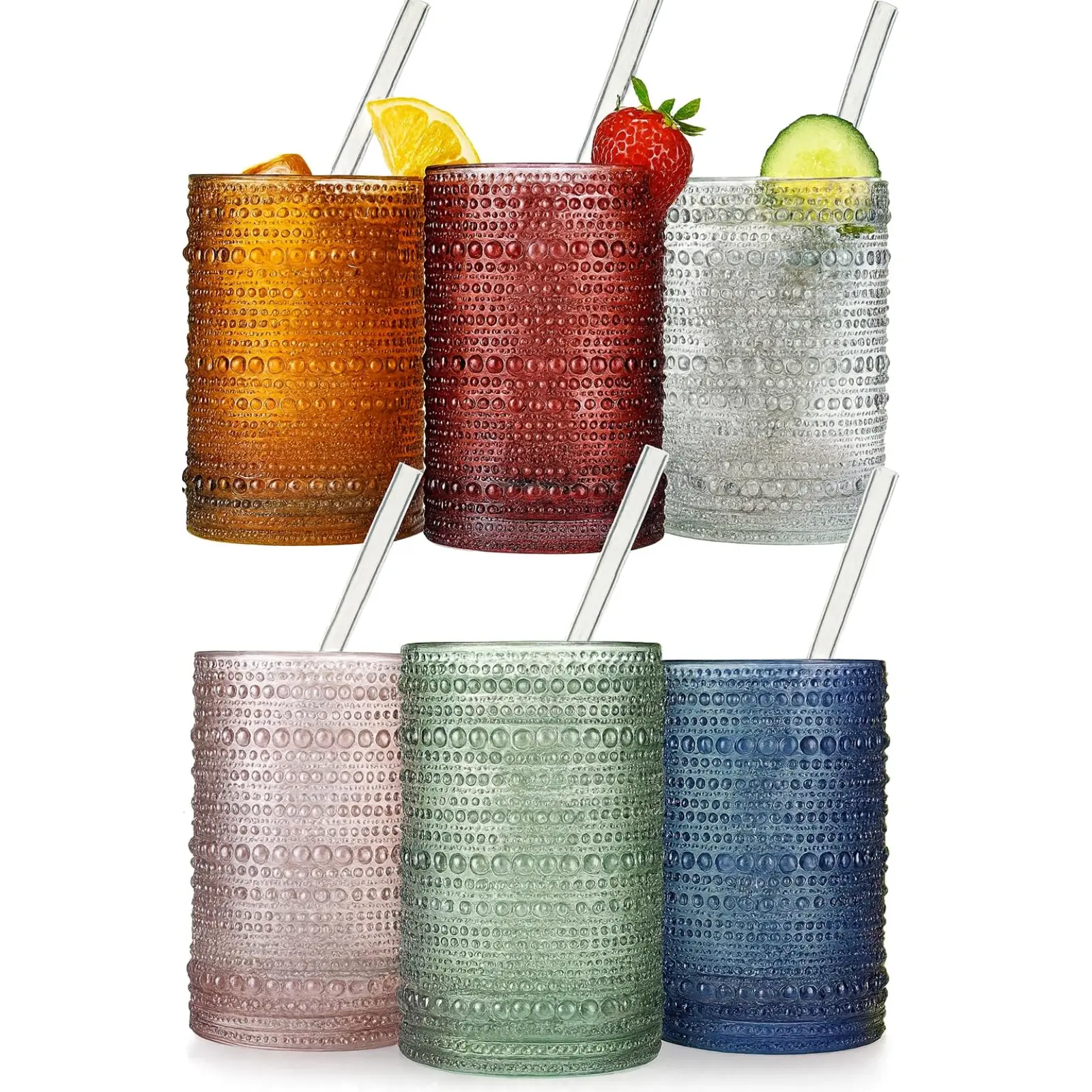 Khen Hobnail Drinking Glasses & Straws, 6x Neutral Muted Colors 14oz Vintage Glassware Set of 6 Embossed Vintage Water Cups, Highball Glasses for Cocktail, Whiskey, Beer & Juice, Dishwasher Safe Gift