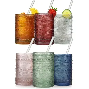 Khen Hobnail Drinking Glasses & Straws, 6x Neutral Muted Colors 14oz Vintage Glassware Set of 6 Embossed Vintage Water Cups, Highball Glasses for Cocktail, Whiskey, Beer & Juice, Dishwasher Safe Gift