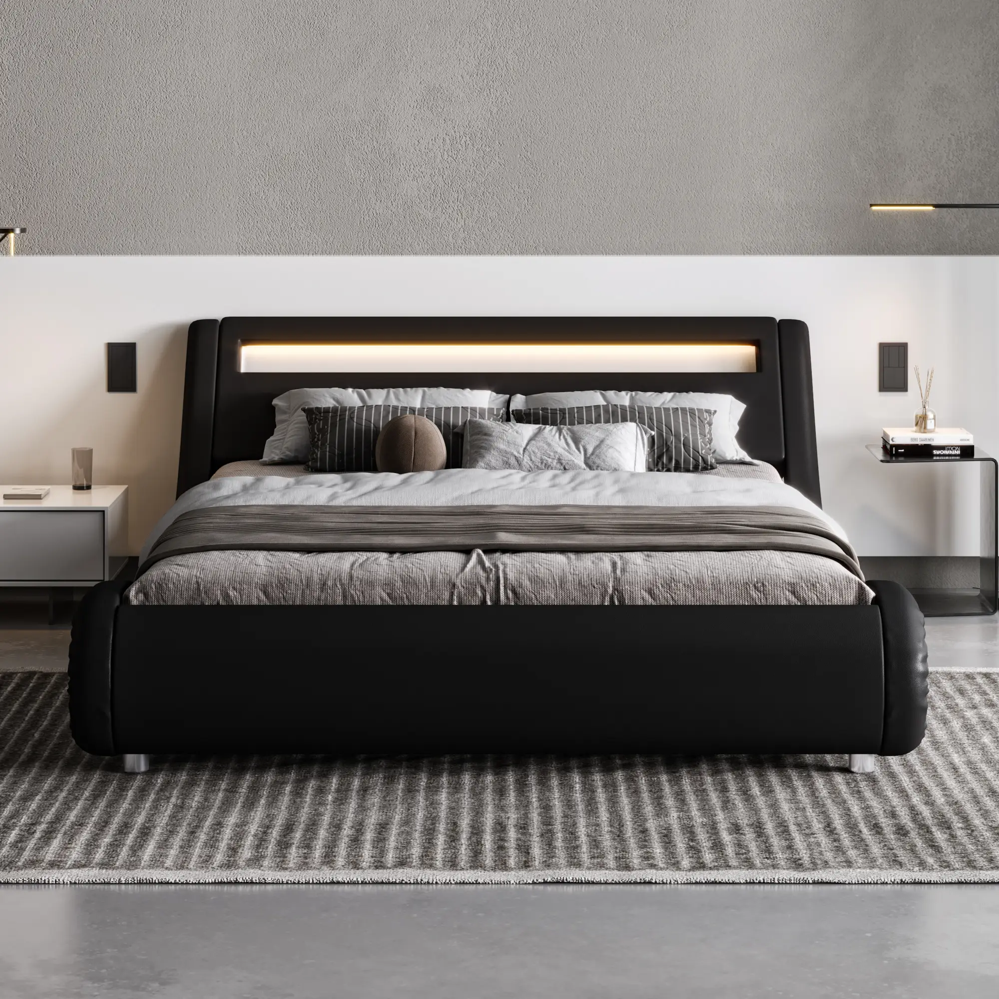 Allewie Full/Queen/King LED Platform Bed Frame with Adjustable Headboard - 【Frame Only No Mattress】Faux Leather Upholstery in Black/Grey/White, #TikTo