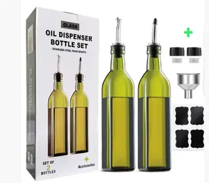 2 Pcs Green Glass Olive Oil Dispenser and Vinegar Dispenser Set with 2 Stainless Steel Pourers, 2 Caps, 4 Labels, 1 Funnel (500ml) for Kitchen, Cooking, Salad Dressing, Barbecue, Mixing