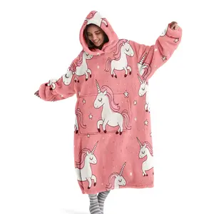 Cozy Hooded Blanket, Wearable Blanket, Digital Print Flannel Soft and Warm Blanket with Pink Unicorn Pattern Sofa Throw, Home Relaxation, Air-Conditioned, Nap Blanket for Office, Bed, Camping, Travel, Holiday Gift, Valentine's Day Gift