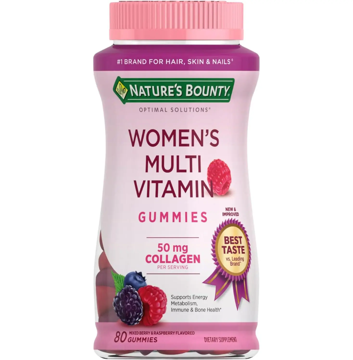 Nature's Bounty Optimal Solutions Women's Multivitamin, Immune and Cellular Energy Support, Bone Health, Raspberry Flavor, 80 Gummies, 40 Total Servings
