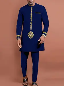 Traditional Muslim African Style Men's Wedding Suit Set, Round Neck Long Sleeve Top Kurta and Pants, 2 Piece Set, Formal Wear