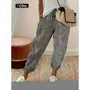 Women's Striped Print Pocket Elastic Waist Pants, Casual Comfy Trousers for Daily Wear, Ladies Bottoms for All Seasons, Womenswear
