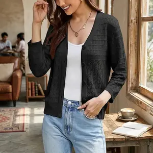 Women's Lightweight Crochet Cardigan - 3/4 Sleeve Cropped Knit Sweater Shrug Top, Trendy Spring Summer Tops for Casual Wear, Breathable Comfortable Fashion Outerwear