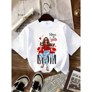 Cotton Short Sleeve T-Shirt Mom of Girls Cartoon Printed T-Shirt, Y2K Style, Short Sleeve, Crew Neck, Polyester, Mother'S Day Gift