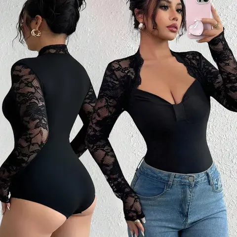 Women's Fall Winter Fashion Design Big V-Neck Solid Color Long Sleeve Jumpsuit, Lace Patchwork, Versatile Stylish One-Piece, Bodycon Fitted Bodysuit