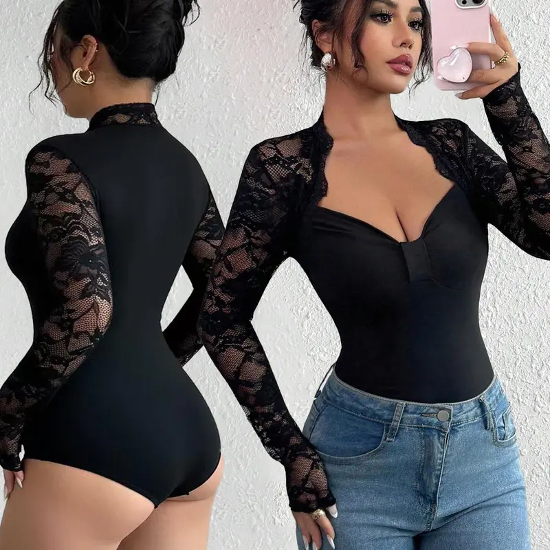 Women's Fall Winter Fashion Design Big V-Neck Solid Color Long Sleeve Jumpsuit, Lace Patchwork, Versatile Stylish One-Piece, Bodycon Fitted Bodysuit