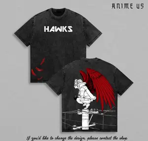 Hawks Red Wings Vintage Washed Anime Tee, My Hero Academia Keigo Takami Graphic Shirt, Minimalist Hero Design Oversized Streetwear, Heavyweight Cotton Anime Fan Gift