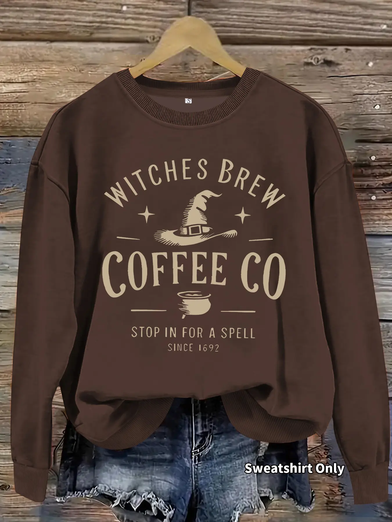 Women's Witch's Brew Coffee Halloween Print Knit Crew Neck Fitted Sweatshirt, Casual Long Sleeve Pullover for Daily Wear, Ladies Fall & Winter Clothes, Womenswear Tops, Round Neck, Knitwear, Sweatshirt Only, Garment