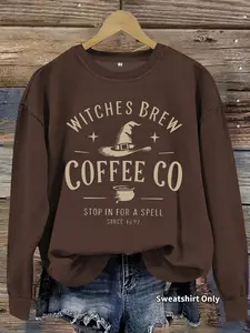 Women's Witch's Brew Coffee Halloween Print Knit Crew Neck Fitted Sweatshirt, Casual Long Sleeve Pullover for Daily Wear, Ladies Fall & Winter Clothes, Womenswear Tops