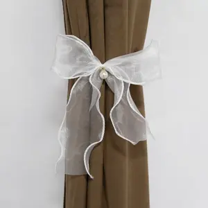 2 Piece Romantic Organza Bow Curtain Tiebacks, Soft Flowing Style with Pearl Decor, Home Decoration, Multiple Colors Available