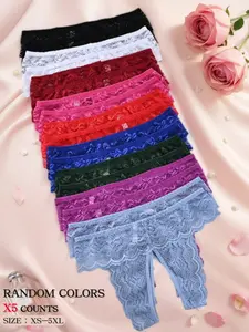 Random Color 3/5 Pack Women's Lingerie Sexy Lace Breathable Thong Panties, Multiple Sizes XS-Xxxxxl, Perfect for Valentine's Day & Daily Wear