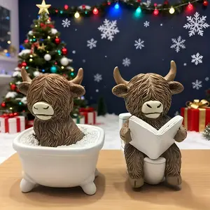 Funny Bathroom Decor, Highland Cow Reading Toilet Tank Statue, Farmhouse Style Bath Accessories, Resin Home Office Gift, Humorous Design