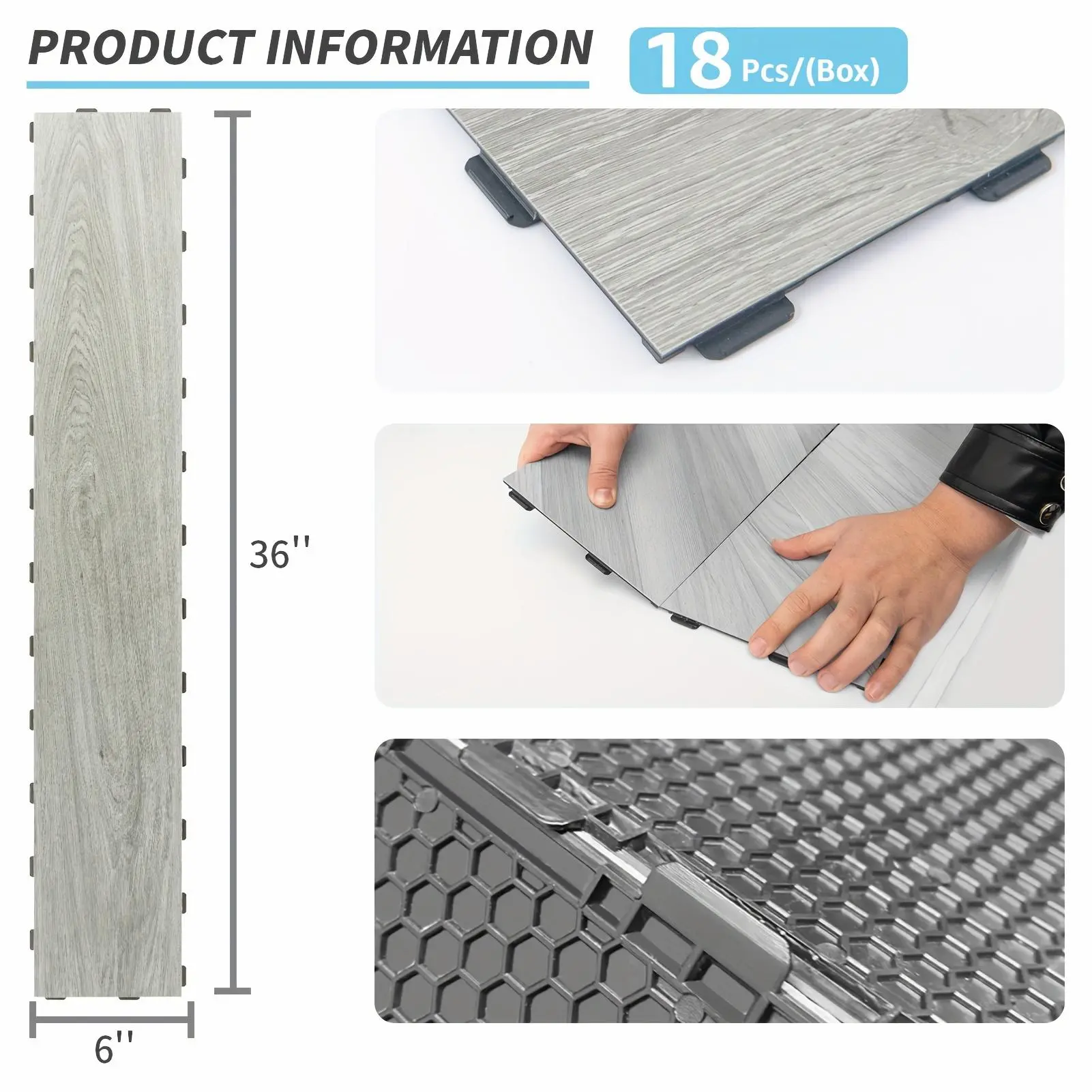 "Art3d Venice Ash Interlocking Luxury Vinyl Flooring Tile - 18-Piece, 36""x6"", Waterproof, Anti-Slip, Wear-Resistant, Reusable, Covers 27 Sq. Ft - For Kitchen & Bathroom - Perfect for DIY Home Renovation"