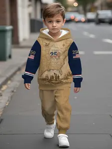 Vintage map nautical style kids sports digital printed hooded sweatshirt set for baby boys, casual and comfortable outfit suitable for daily outings, a trendy and versatile gift for little boys