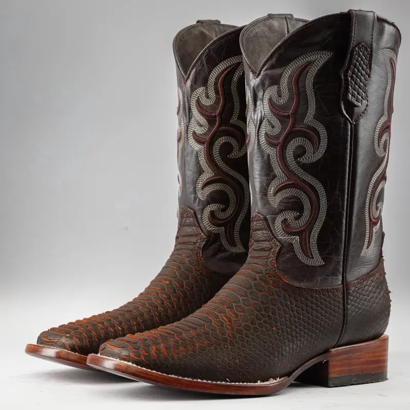 Matte Rustic Cognac Python Print Leather Boots - Square Toe