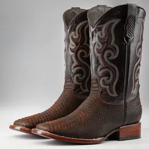 Matte Rustic Cognac Python Print Leather Boots - Square Toe