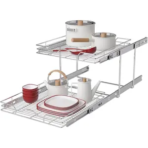 2 Tier Pull Out Cabinet Organizer (21.5" W x 21" D), Pull Out Drawers for Kitchen Cabinets, Pull Out Shelves for Base Cabinet Organization in Kitchen Bathroom Pantry, Chrome Finish