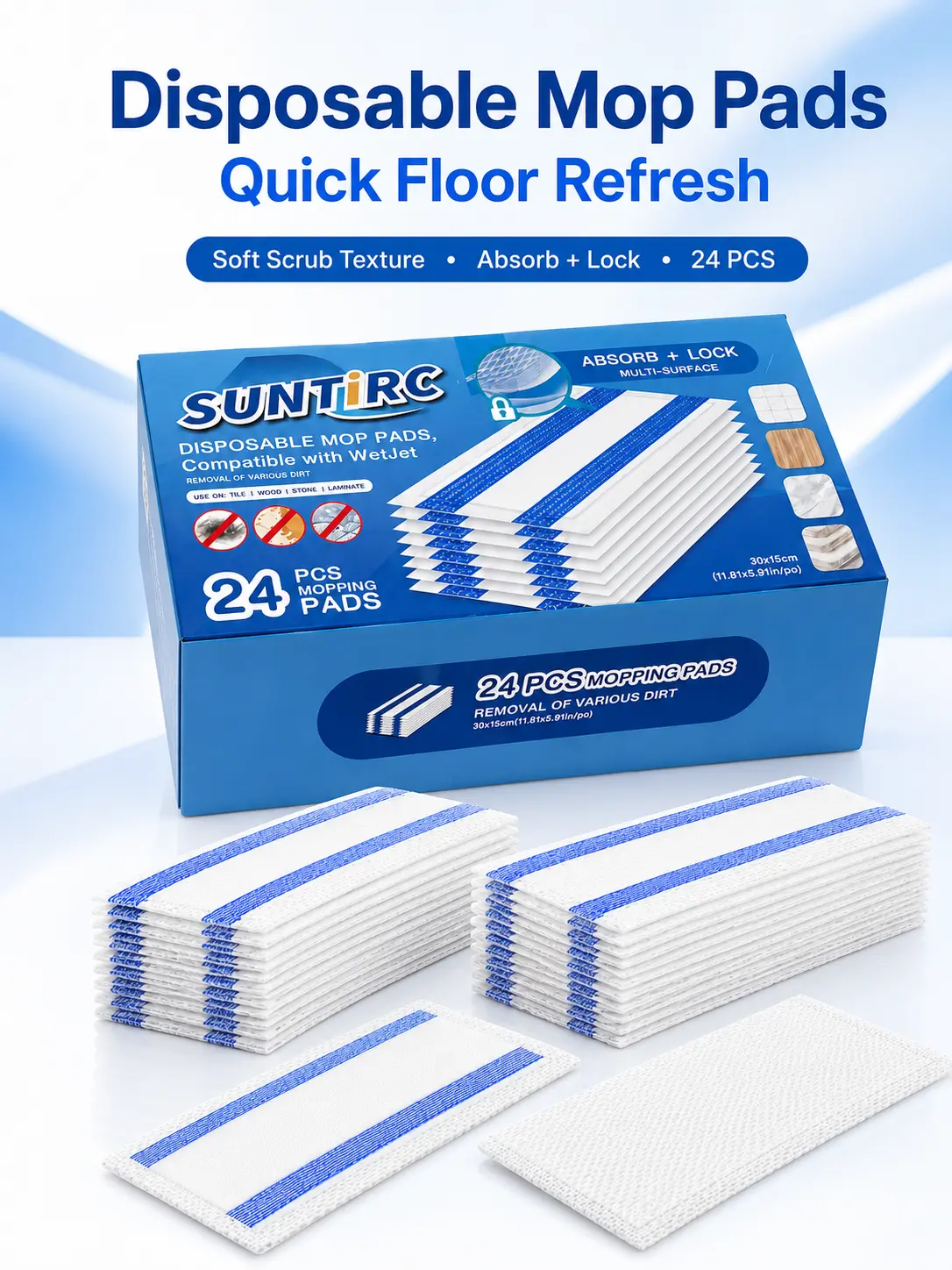 SUNTIRC Disposable Mop Pads Refill, 24 Count Compatible Hook & Loop Mop Replacement Pads, Absorbent Multi-Surface Floor Cleaning Pads for Tile Wood Laminate Marble