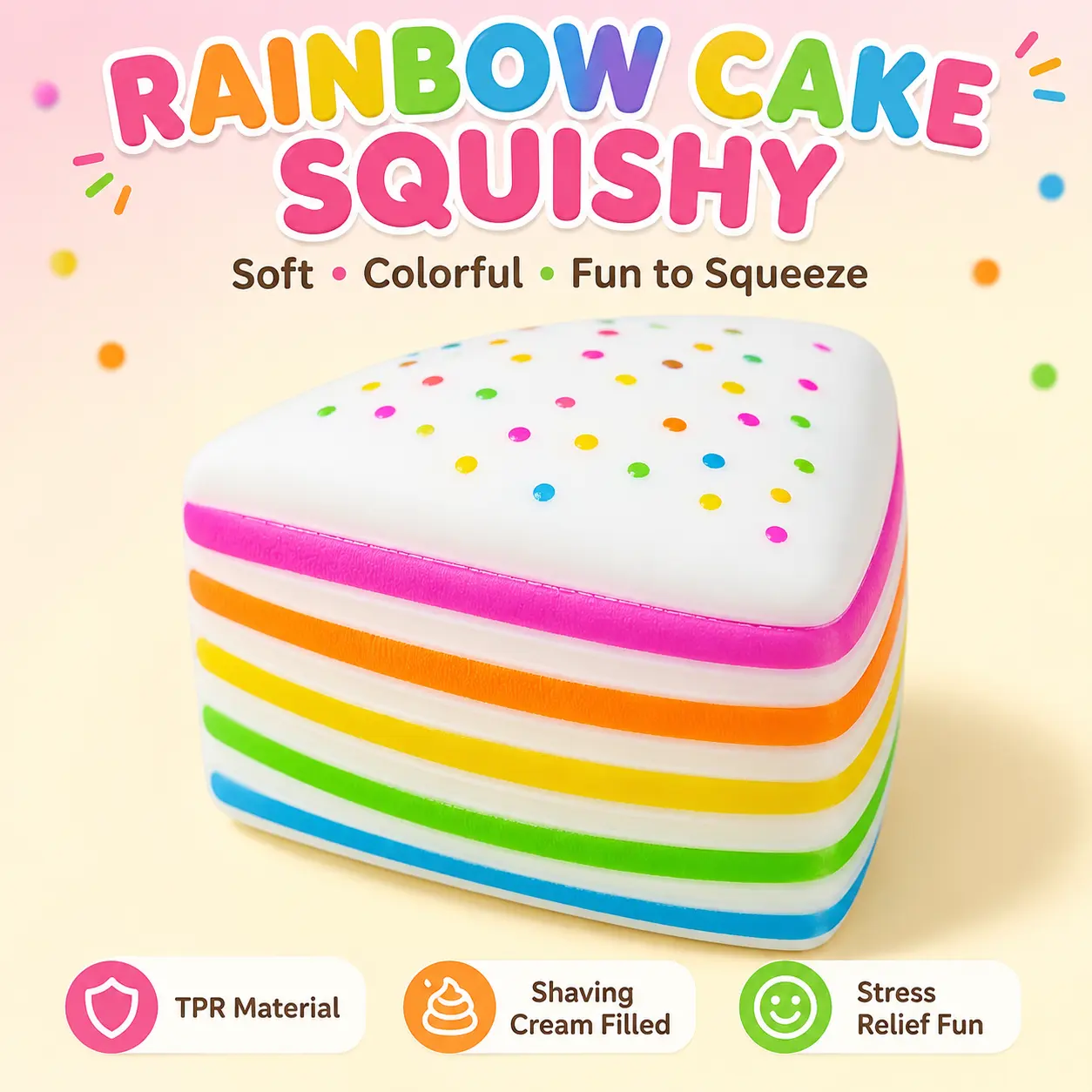 Rainbow Cake Squishy Toy, Jumbo 5 Inch Colorful Layer Cake Squeeze Toy, Soft TPR Shaving Cream Filled Stress Relief Sensory Fidget Toy, Cute Dessert Desk Toy Gift
