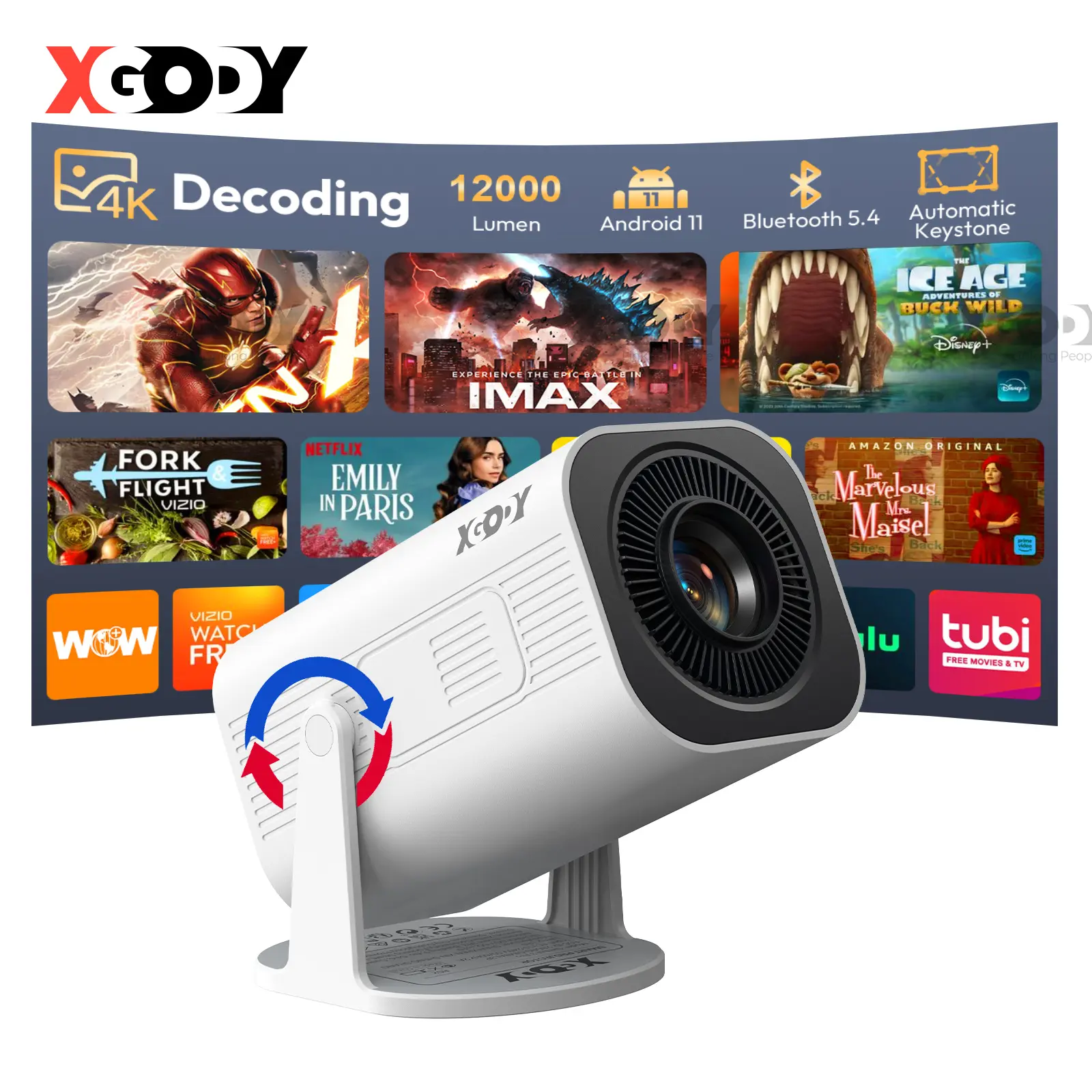 Xgoby Portable Smart Projector, Native 720P & 4K Supported, Android 11, WiFi 6, Bluetooth 5.4, Auto Keystone, 180° Adjustable Stand, 40–130" Large Screen for Home Cinema