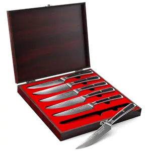 Sunnecko Damascus Steak Knives Set of 6 Non Serrated Japanese VG10 Stainless Steel Steak knives Dishwasher Safe 5 Inch Steak Knives G10 Handle with Wood Gift Box