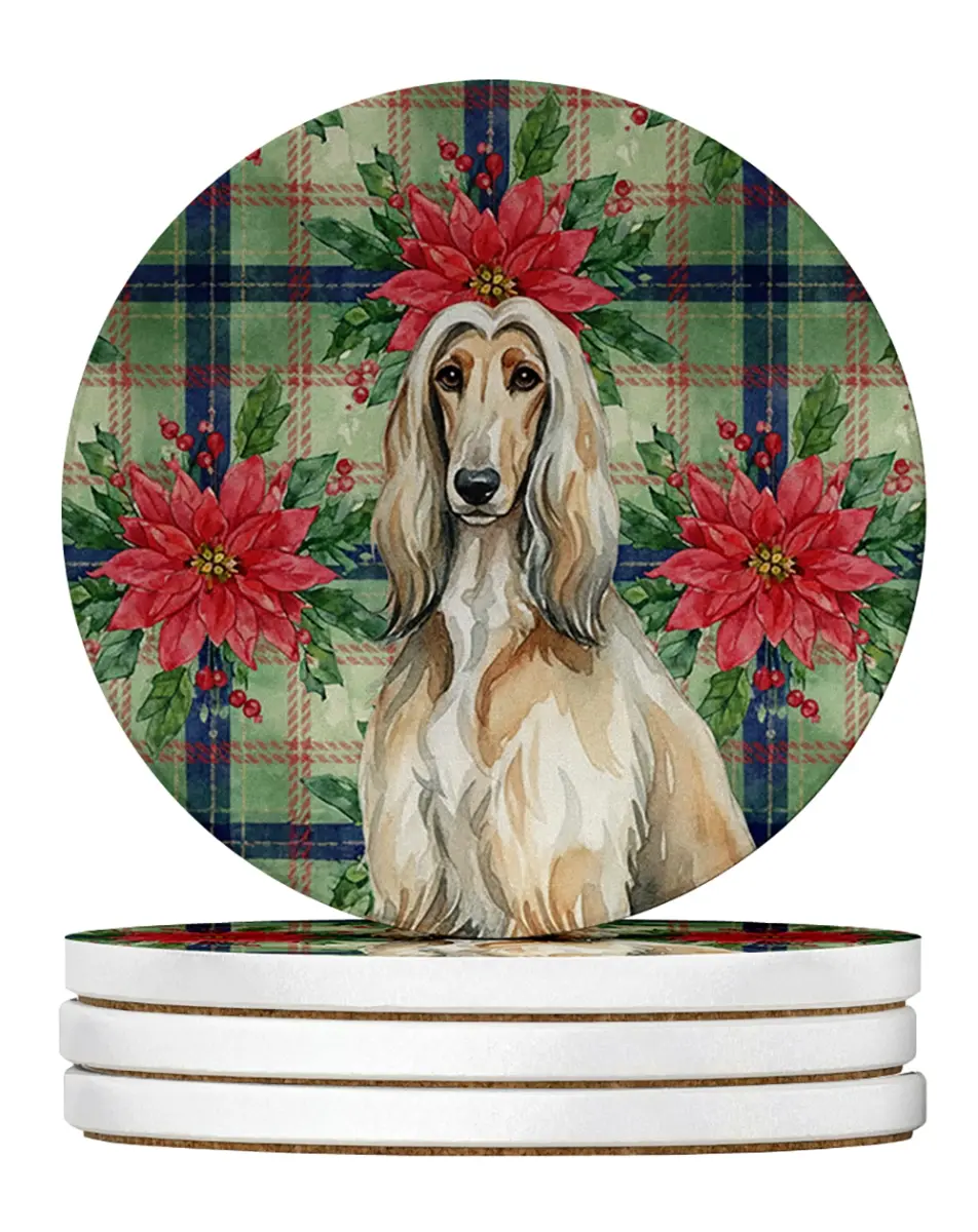 Carolines Treasures WDK8466RCS4 4 x 4 in. Afghan Hound Christmas Poinsettias Large Sandstone Coasters, Pack of 4