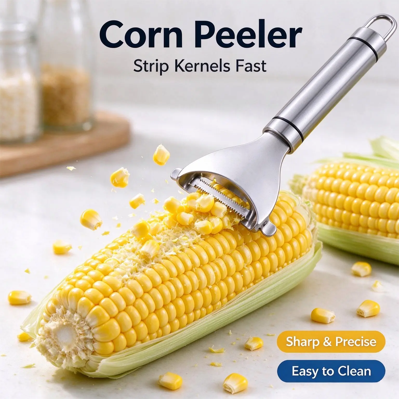 Stainless Steel Corn Peeler, Corn Kernel Remover Tool, Kitchen Gadget for Corn Stripping, Easy Grip Corn Cob Cutter for Home Cooking