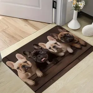Whimsical Dog Lover Entry Rug, Lifelike French Bulldogs in Warm Brown Wood Scene, Durable & Wear-Resistant. Non-Slip Safety, Elevate Your Home with Playful Feline Charm