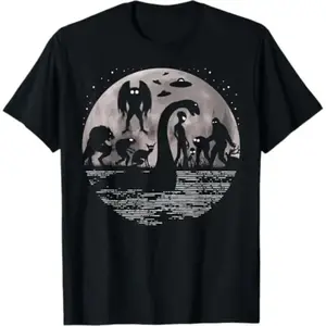 Funny Bigfoot Loch Ness Monster Mothman and Aliens T-Shirt Black Classic Round Neck Tee for Men Women Mythical Creature Humor Shirt Legendary Paranormal Icons Casual Unisex Top Cryptozoology Fans